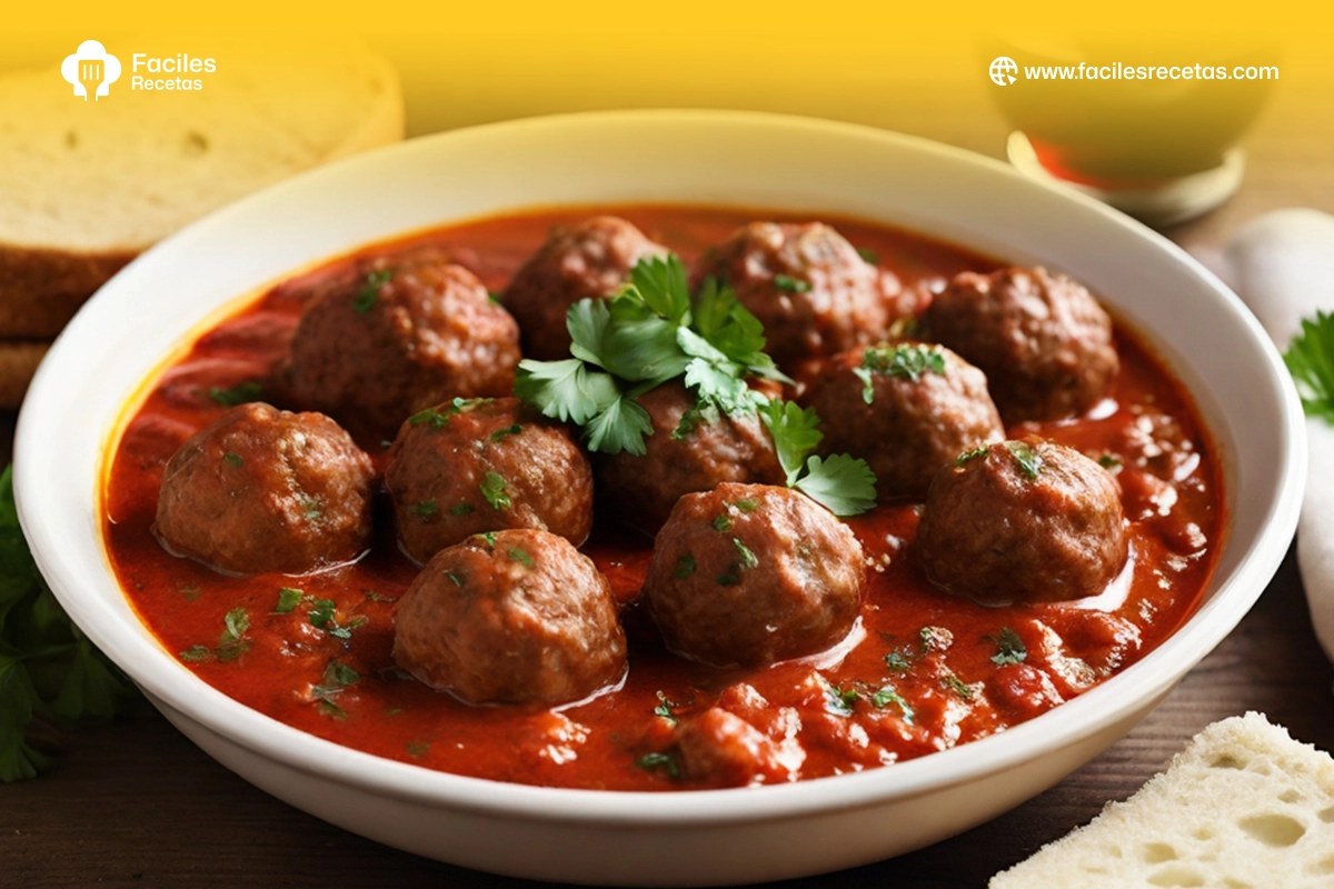 Albóndigas receta tradicional española con salsa de tomate, un plato fácil y rápido de preparar ideal para el almuerzo.