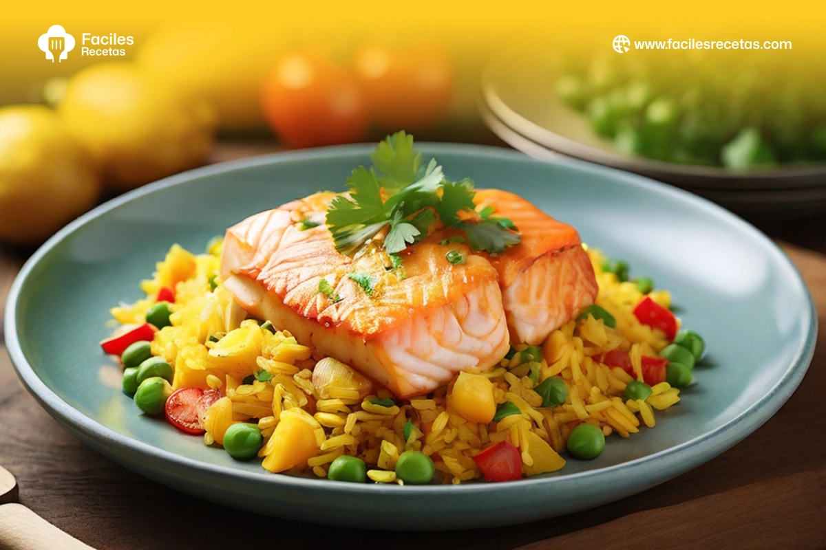 Plato de arroz con pescado fresco, decorado con limón y hierbas frescas, listo para servir.