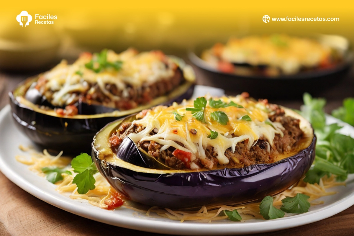 Berenjenas Rellenas con carne recién horneadas, decoradas con perejil fresco, listas para servir en un plato colorido.