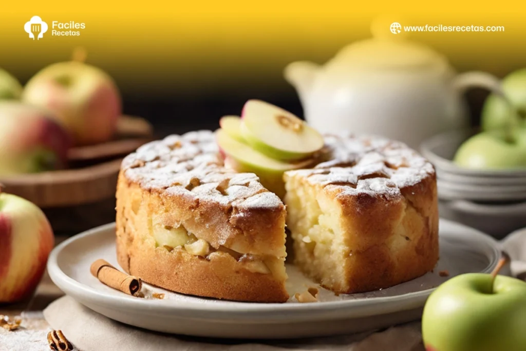 Bizcocho de manzana recién horneado, esponjoso y dorado, servido en un plato con manzanas frescas al lado.