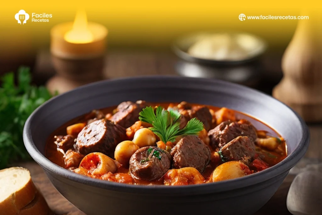 Callos a la Madrileña: guiso tradicional español servido en un plato, decorado con hierbas frescas y pan crujiente al lado.