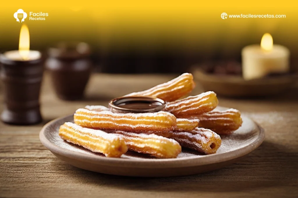 Imagen de churros dorados y crujientes con azúcar glas y salsa de chocolate.