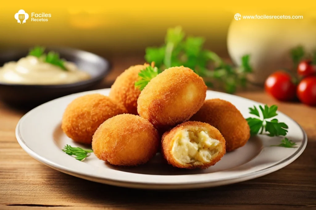 Croquetas irresistibles, bolitas fritas doradas con un interior cremoso y crujiente, rellenas de pollo, carne o pescado, ideales para merendar.