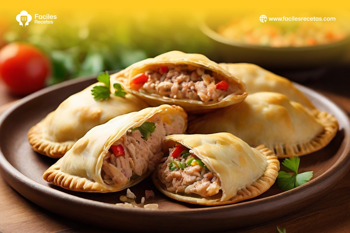 Empanadas de Atún rellenas de atún, servidas en un plato con salsa, un snack delicioso y fácil de preparar.