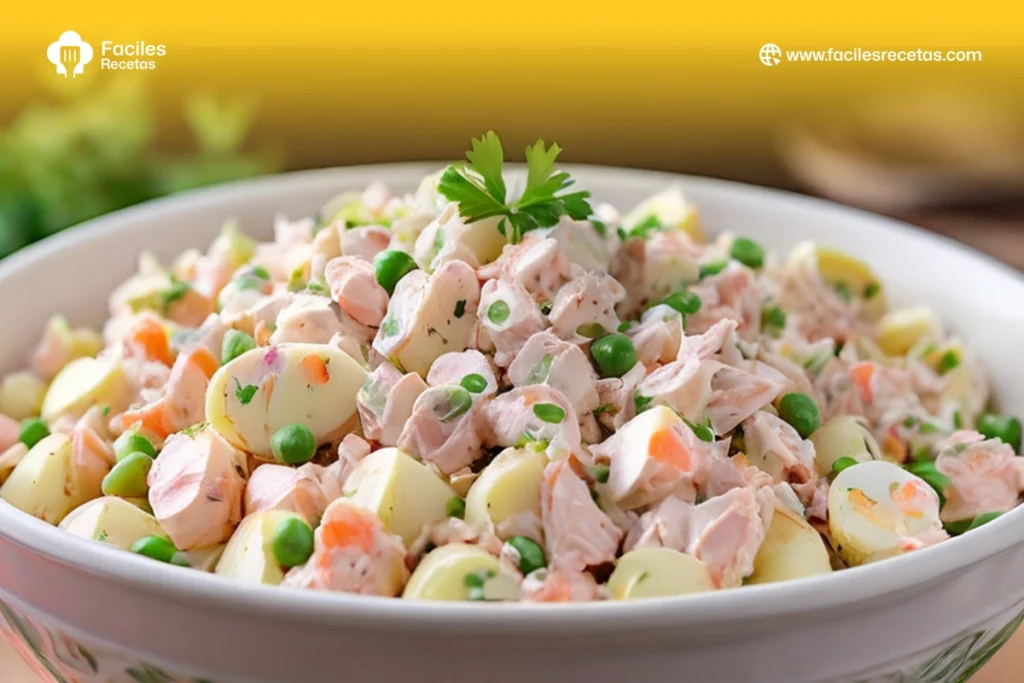 Imagen de una ensaladilla rusa fresca, con papas, verduras y mayonesa, lista para servir como aperitivo o guarnición.