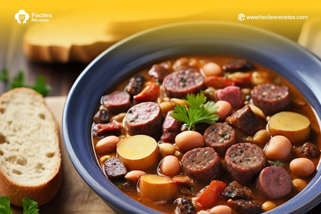 Plato de Fabada Asturiana con alubias blancas, chorizo y morcilla, guiso típico de Asturias.