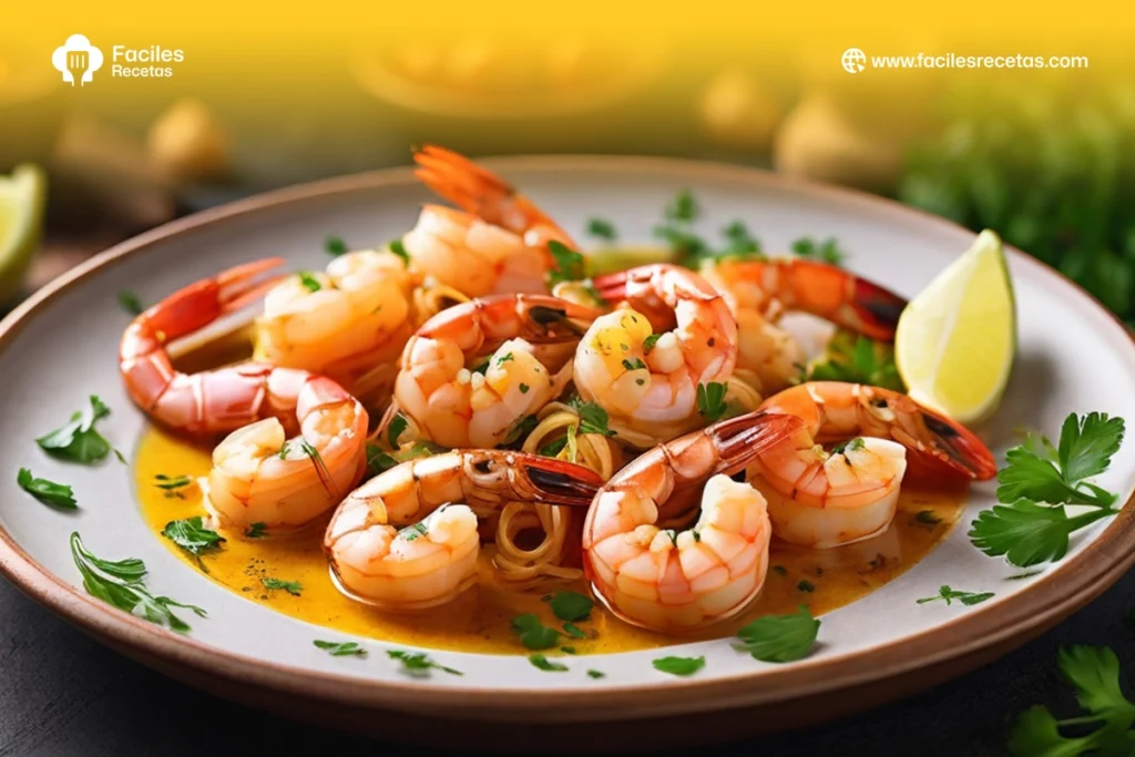 Receta de Gambas al Ajillo servida en plato con ajo, aceite de oliva y perejil fresco, perfecta para una cena rápida y tradicional.