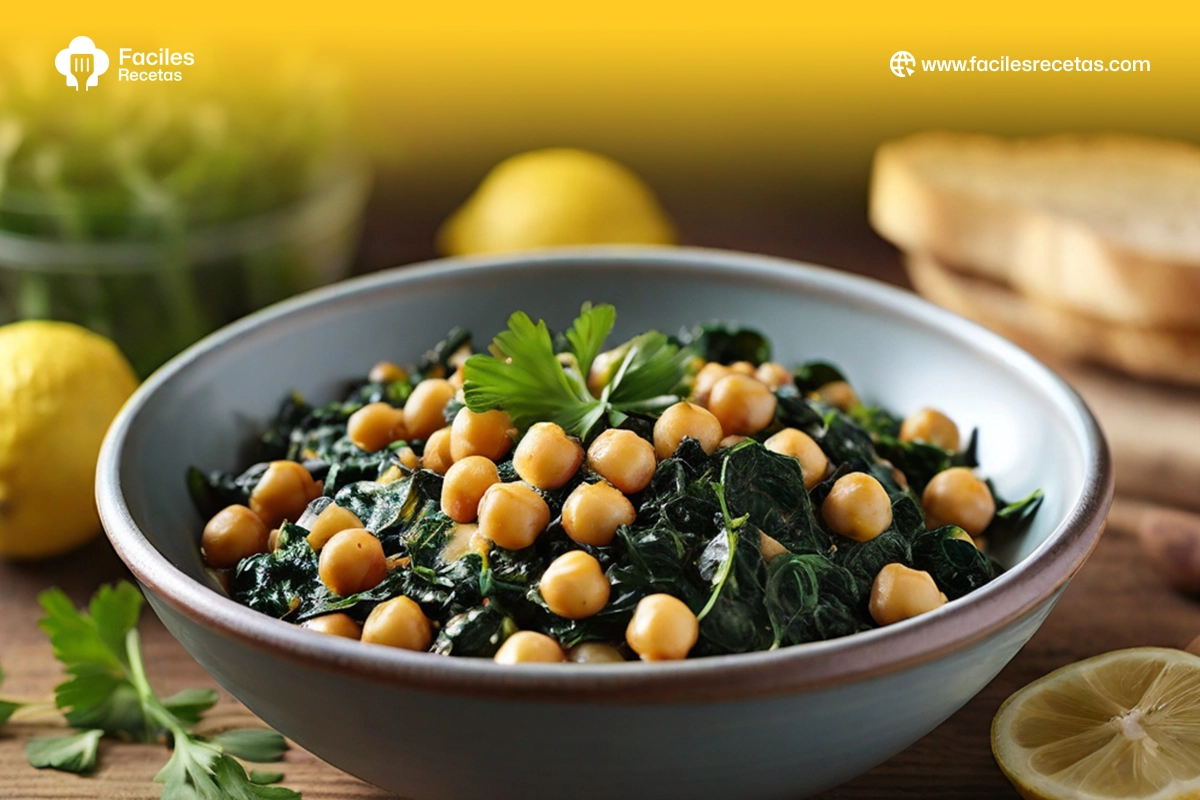 Plato de Garbanzos con Espinacas, servido con pan fresco, una receta saludable y fácil de la cocina española.