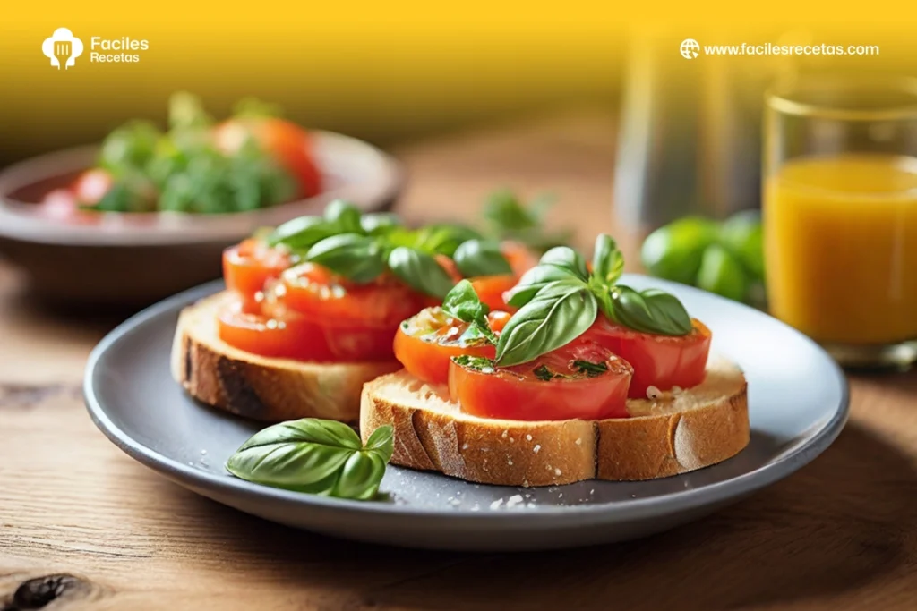 Rebanadas de pan tostado cubiertas con tomate triturado, aceite de oliva y sal, receta tradicional española de pan con tomate.