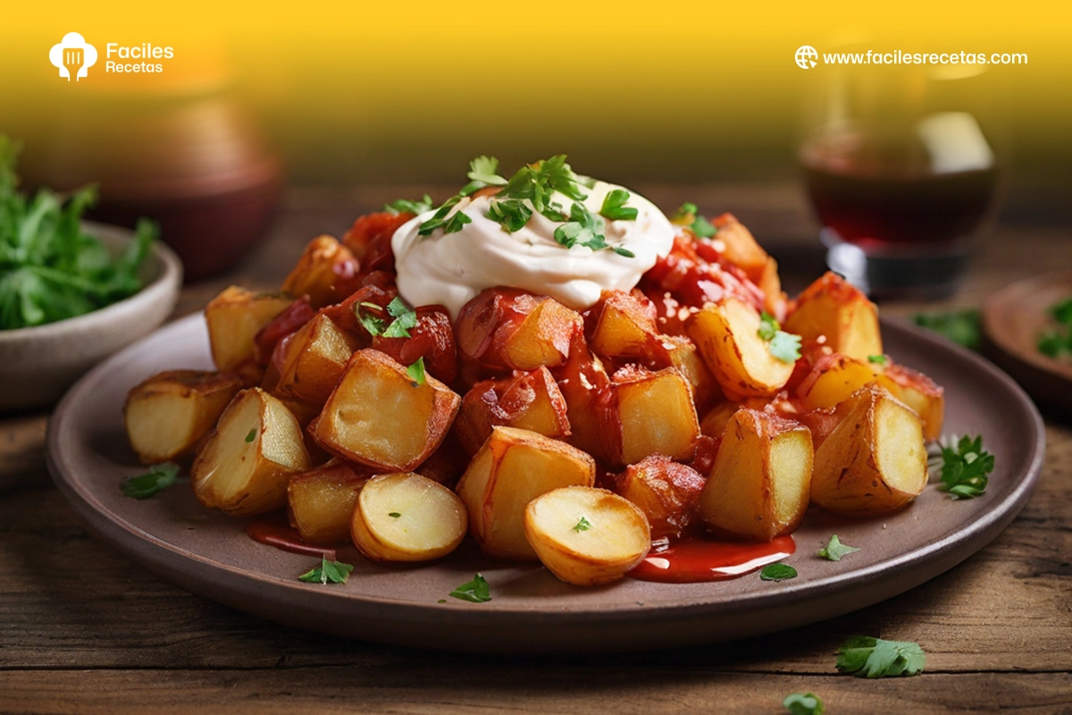 Patatas Bravas, un plato emblemático de la gastronomía española, con patatas crujientes y salsa picante, ideal como tapa para compartir.