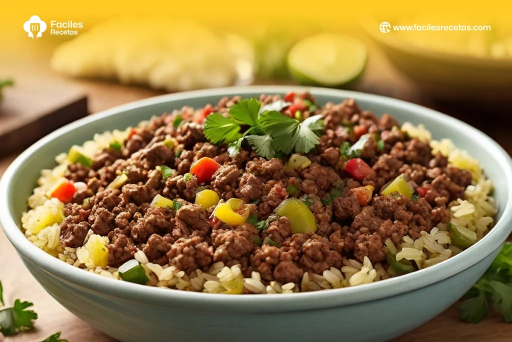 Plato de picadillo servido con arroz y verduras, ideal para una cena casera y nutritiva.