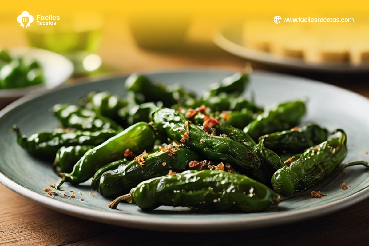 Pimientos de Padrón fritos en un plato con sal marina, un delicioso aperitivo español.