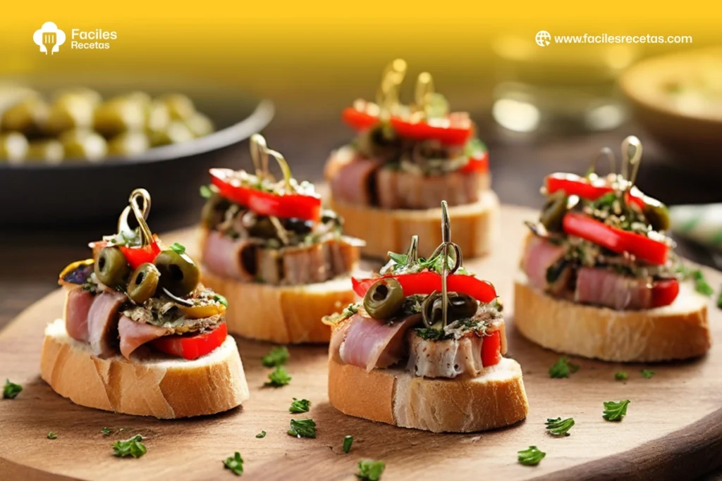 Imagen de los mejores pinchos con anchoas, con anchoas, tomate y aceitunas sobre rebanadas de pan.