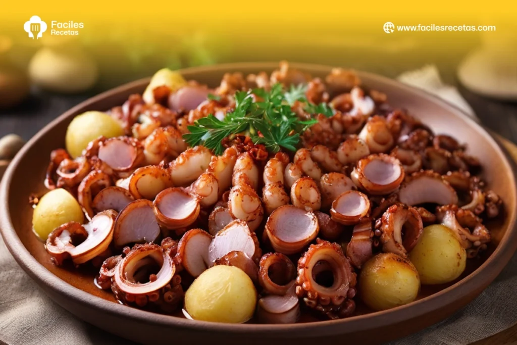 Pulpo a la Gallega: plato tradicional de pulpo con patatas y especias, representando la cocina gallega española.