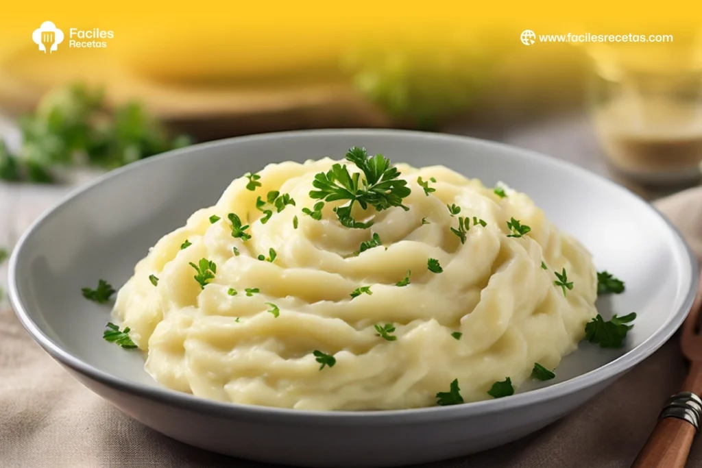 Plato de puré de patatas cremoso, servido con verduras y carne, ideal para la cena o el almuerzo.