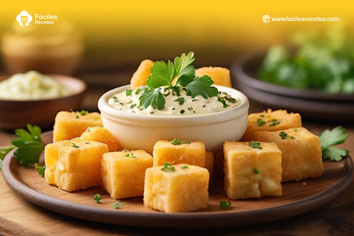 Queso frito crujiente dorado, servido con salsas frescas, un aperitivo irresistible de la gastronomía española.