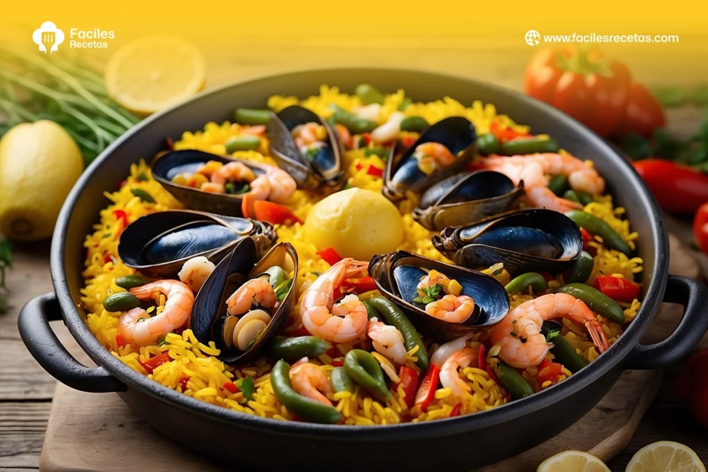 Paella casera, un famoso plato español con arroz, pollo y mariscos, ideal para compartir en familia y amigos, lleno de sabor y beneficios saludables.