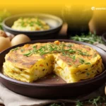 Una Tortilla Española dorada y jugosa, hecha con patatas y huevos, servida en un plato.