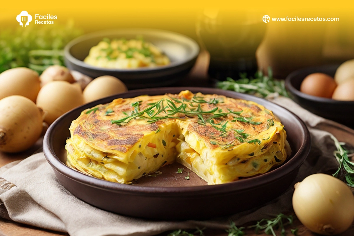 Una Tortilla Española dorada y jugosa, hecha con patatas y huevos, servida en un plato.