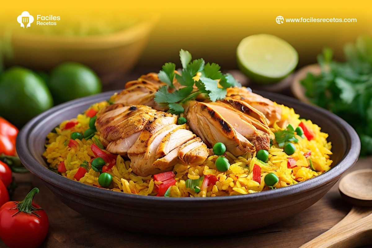 Receta rápida de Arroz con Pollo, un plato tradicional español con arroz tierno, pollo sazonado y especias aromáticas, presentado como una comida nutritiva y fácil de preparar.