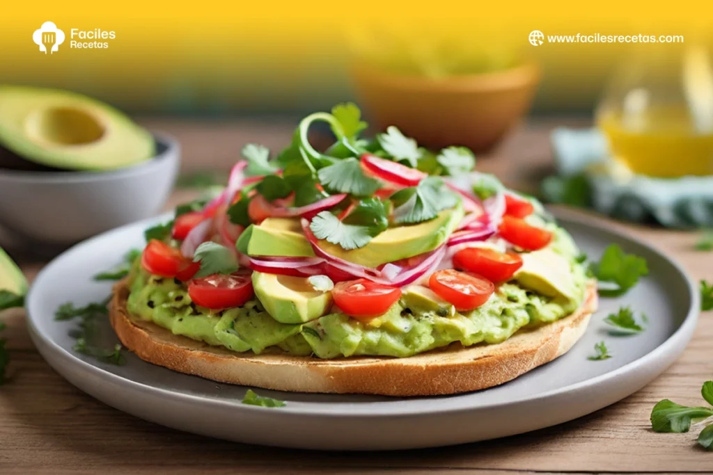 Tostada con Aguacate: rebanada de pan tostado cubierta con aguacate cremoso y tomate.