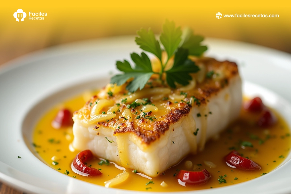 Plato de BACALAO AL PIL PIL servido con ajo y guindilla.