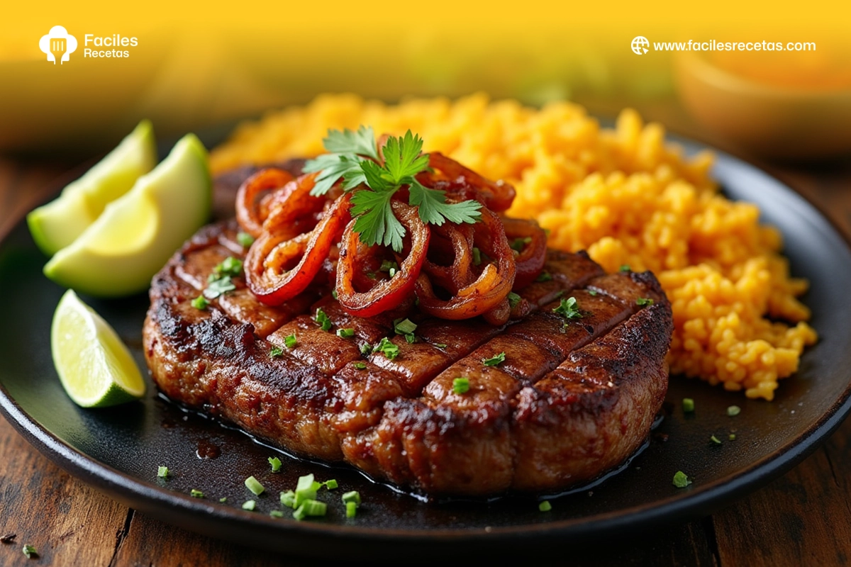 Bistec de Res jugoso servido con guarnición tradicional española.