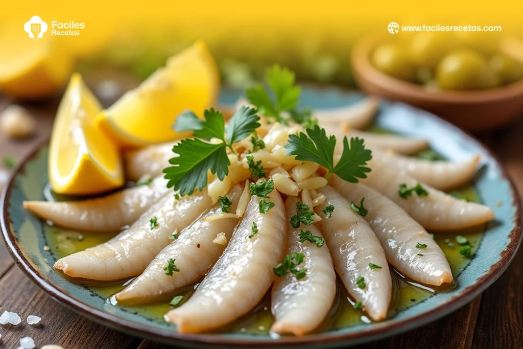 Boquerones en vinagre, un delicioso plato tradicional español marinado con vinagre, limón y aceite de oliva.