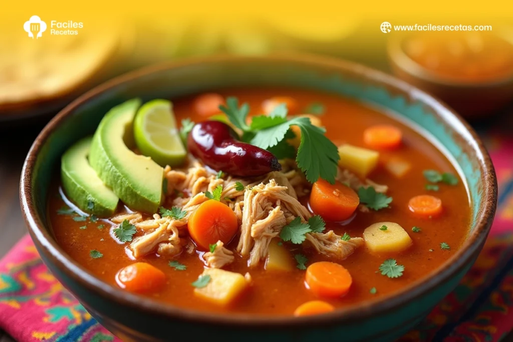 Caldo Tlalpeño casero servido con aguacate, limón y queso fresco.