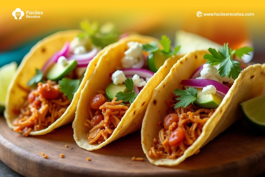 Tacos de tinga de pollo servidos con aguacate, crema ácida y cilantro fresco.