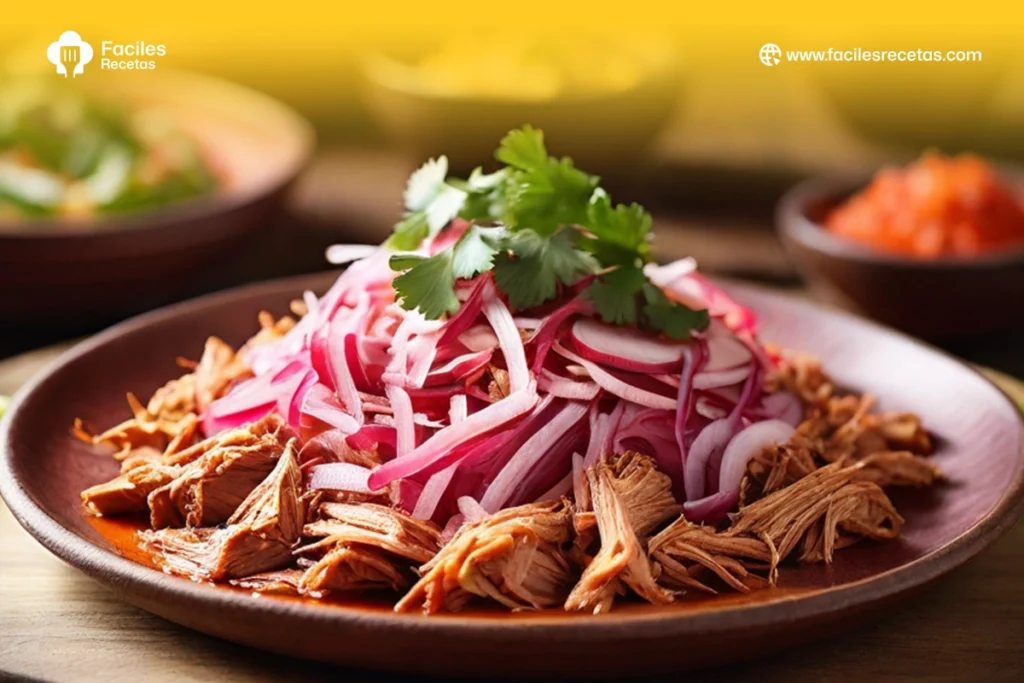 Imagen de Cochinita Pibil, platillo mexicano con carne de cerdo marinada en achiote, cocinada a fuego lento para un sabor auténtico y suave.