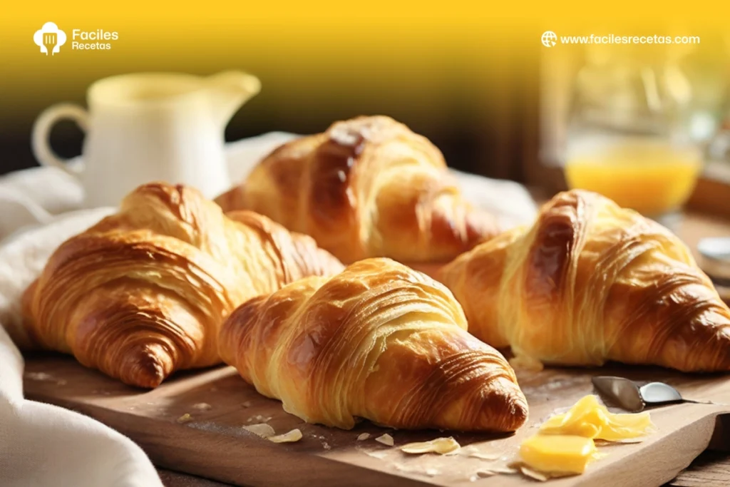 Croissants caseros dorados y crujientes en bandeja recién horneados.