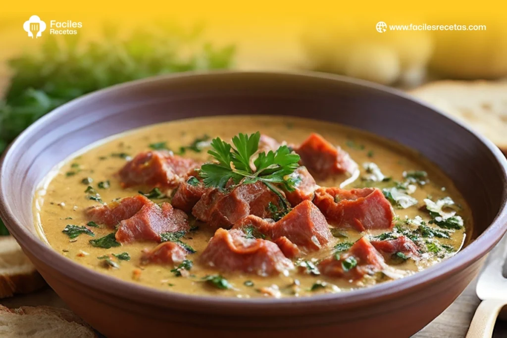 Plato de gachas manchegas tradicionales con ingredientes españoles auténticos.