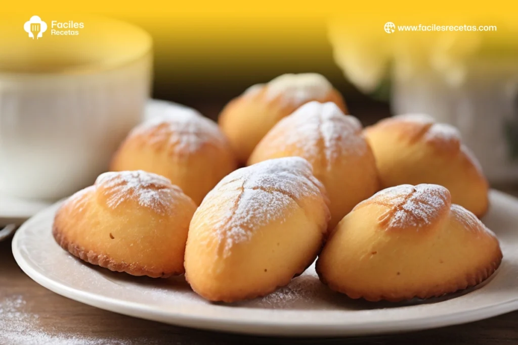 Madeleines francesas doradas en un plato, perfectas para merendar con té o café.