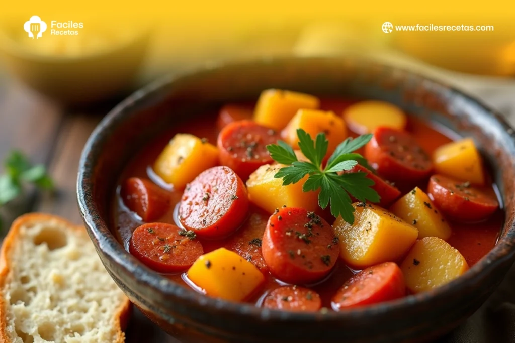 Patatas a la Riojana con chorizo, plato tradicional español de La Rioja, perfecto para un almuerzo o cena reconfortante.