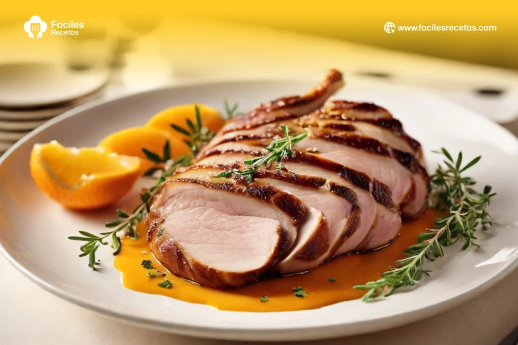 Plato de pato a la naranja con salsa de naranja, servido con guarniciones frescas. Receta tradicional española.