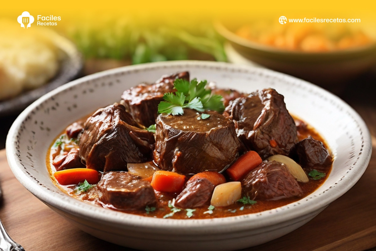 Rabo de Toro cocido en una olla, acompañado de zanahorias y cebollas, listo para servir en un plato tradicional español.