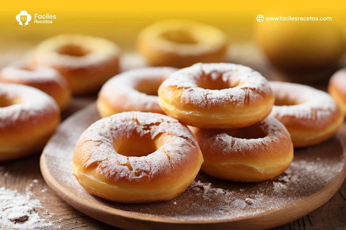 Imagen de rosquillas caseras, recién hechas y espolvoreadas con azúcar, acompañadas de café.