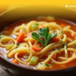 Sopa de Fideos casera en un bol, perfecta para una comida reconfortante. Receta fácil y rápida para disfrutar en cualquier momento del día.