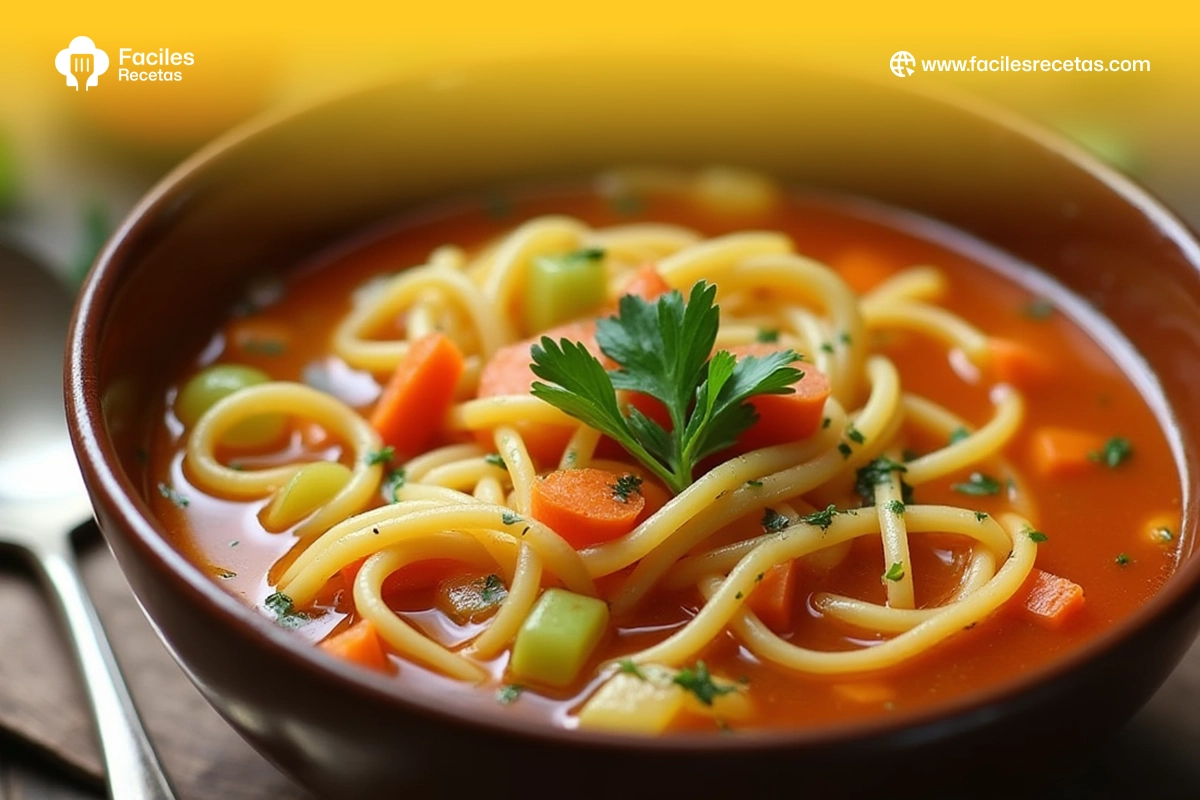 Sopa de Fideos casera en un bol, perfecta para una comida reconfortante. Receta fácil y rápida para disfrutar en cualquier momento del día.