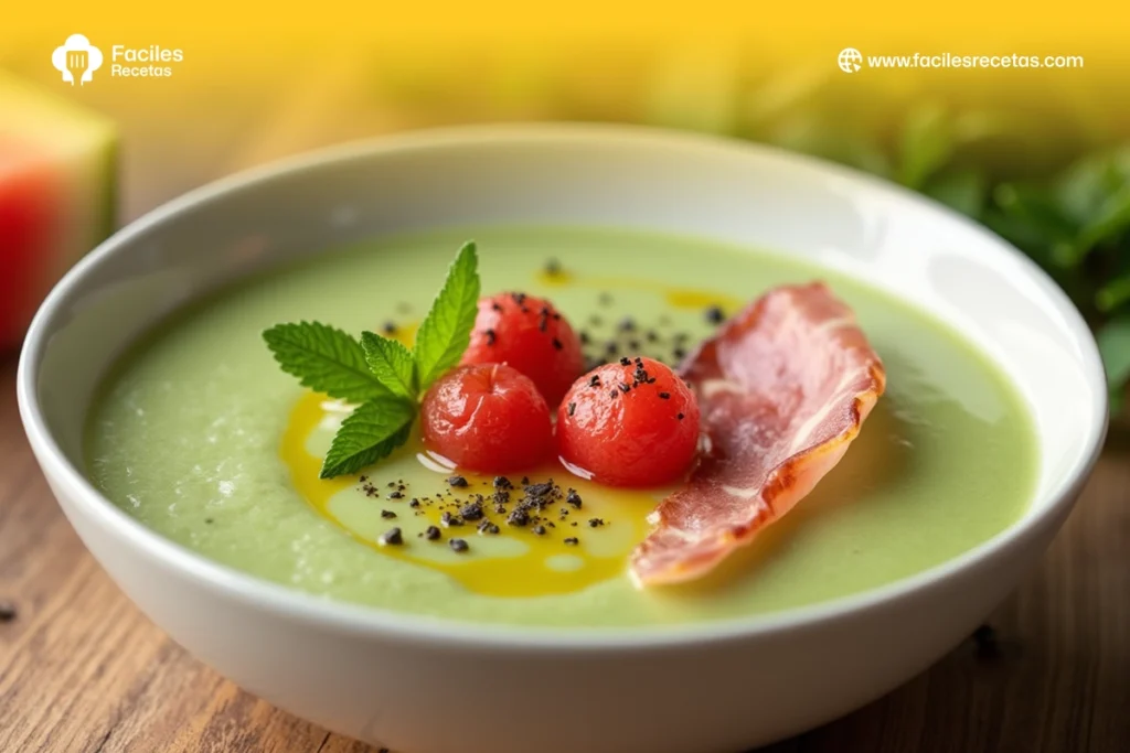 Plato de Sopa de Melón servido frío, decorado con hojas de menta fresca.