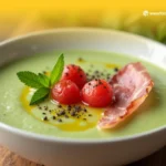 Plato de Sopa de Melón servido frío, decorado con hojas de menta fresca.