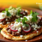 Tlacoyo de frijoles tradicional mexicano servido con salsa y queso fresco