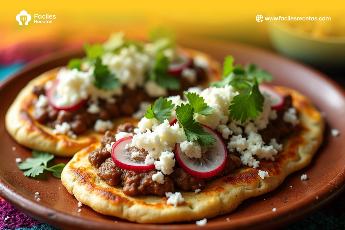 Tlacoyo de frijoles tradicional mexicano servido con salsa y queso fresco