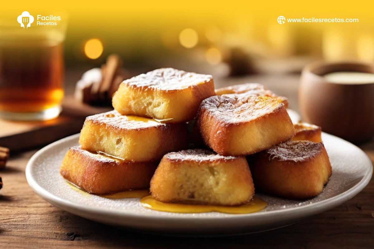 Deliciosas torrijas doradas espolvoreadas con canela y azúcar, servidas en un plato con frutas frescas.