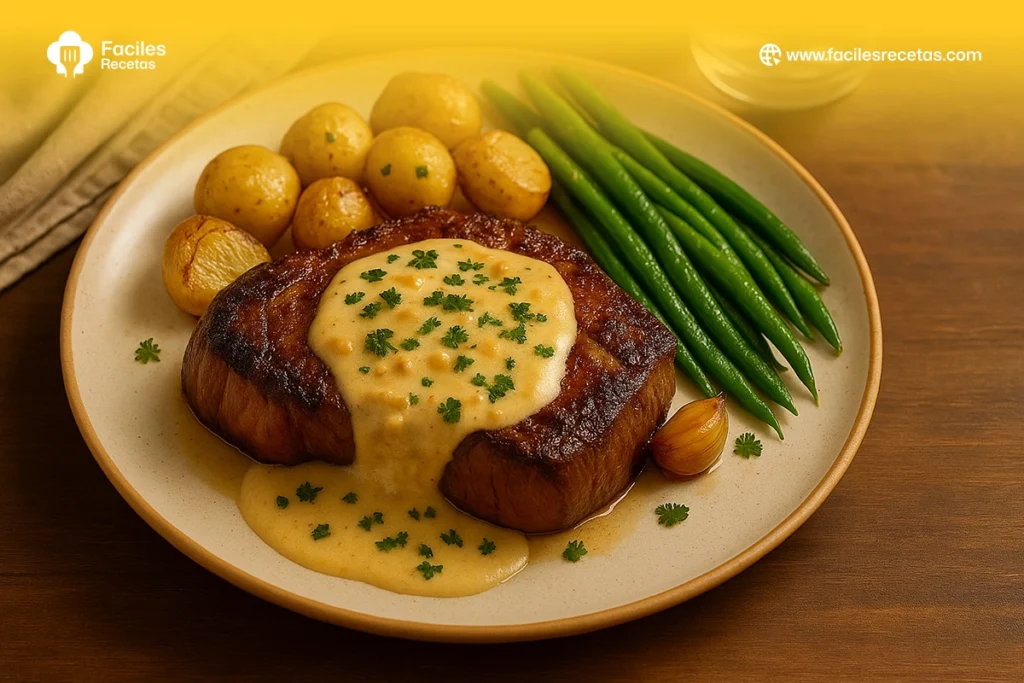 Bistec cocinado con salsa cremosa de ajo servido en plato blanco.