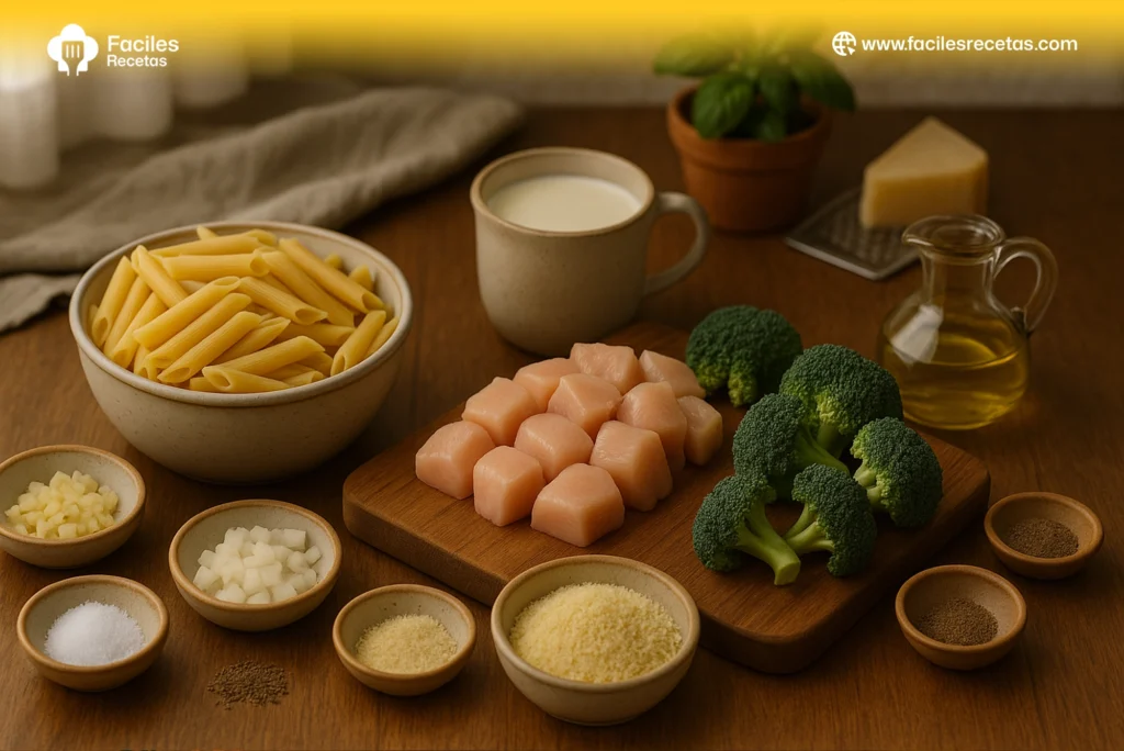 Brócoli Chicken Pasta casera y saludable lista para servir
