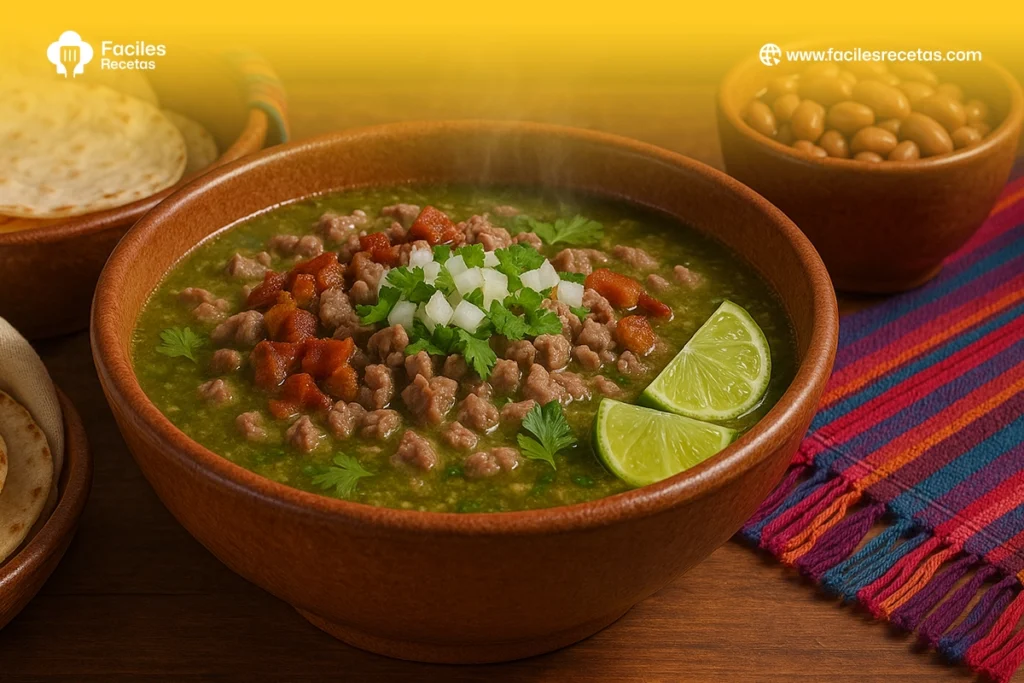 Plato tradicional de carne en su jugo servido con frijoles y tortillas