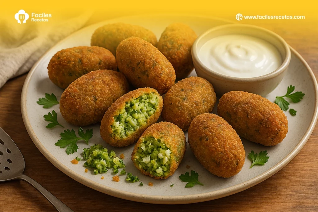Imagen de croquetas de brócoli con feta crujientes y doradas, perfectas para una receta saludable y deliciosa.