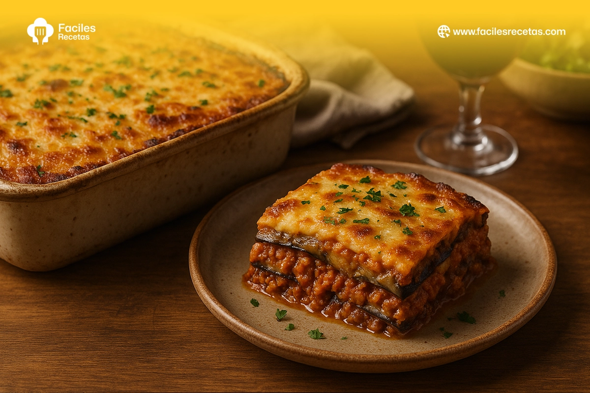 Pastel de berenjena casero servido en un plato blanco con decoración de albahaca